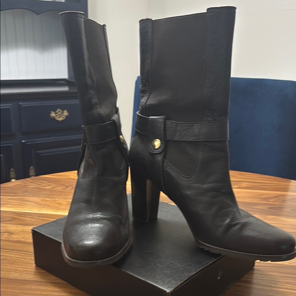 Stuart Weitzman Black Heeled Boots with Decorative Strap
